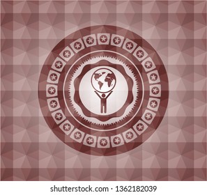 man lifting world icon inside red seamless polygonal badge.
