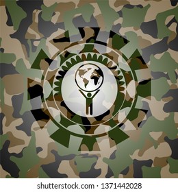 man lifting world icon inside camo emblem