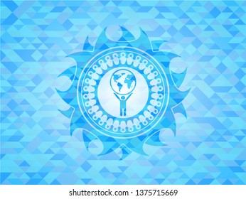 man lifting world icon inside light blue emblem with mosaic background