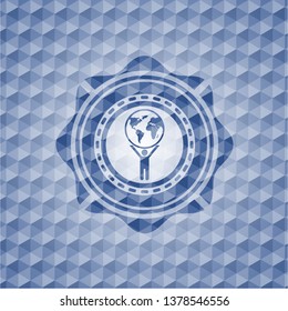 man lifting world icon inside blue hexagon emblem.