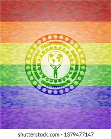 man lifting world icon inside emblem on mosaic background with the colors of the LGBT flag
