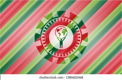 man lifting world icon inside christmas style badge..