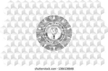 man lifting world icon inside grey emblem. Vintage with geometric cube white background