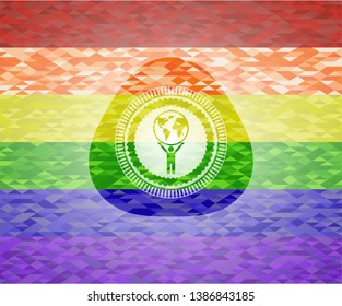 man lifting world icon inside lgbt colors emblem 