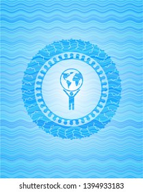 man lifting world icon inside water representation style badge.