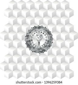 man lifting world icon inside realistic grey emblem with geometric cube white background