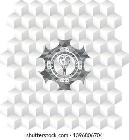 man lifting world icon inside grey emblem. Vintage with geometric cube white background