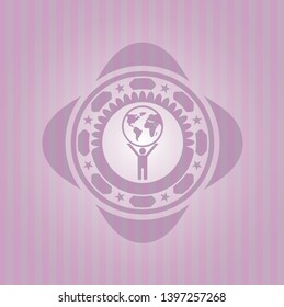 man lifting world icon inside pink emblem. Vintage.