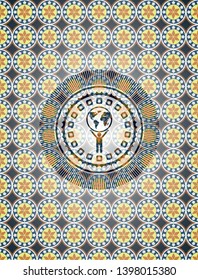 man lifting world icon inside arabesque badge background. arabic decoration.