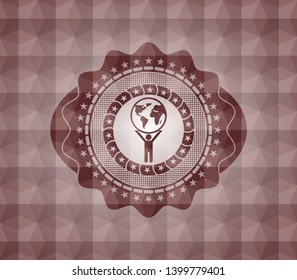 man lifting world icon inside red seamless emblem with geometric pattern.