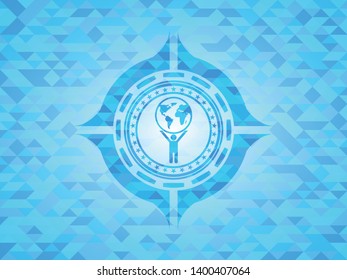 man lifting world icon inside sky blue emblem. Mosaic background