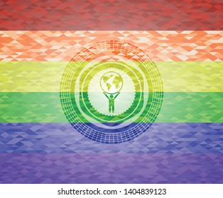 man lifting world icon inside lgbt colors emblem 