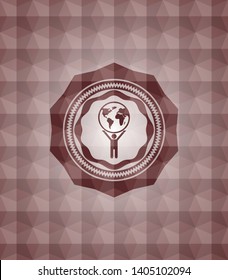 man lifting world icon inside red emblem or badge with abstract geometric polygonal pattern background. Seamless.