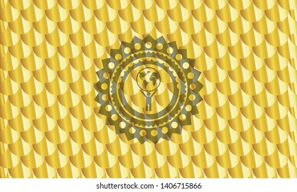 man lifting world icon inside shiny golden badge. Scales pattern. Vector Illustration. Detailed.