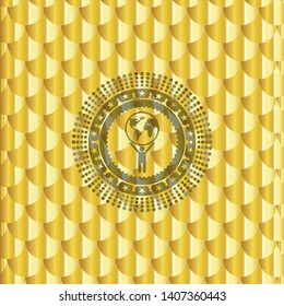 man lifting world icon inside golden badge or emblem. Scales pattern. Vector Illustration. Detailed.