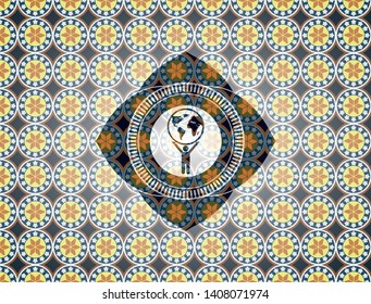 man lifting world icon inside arabic emblem background. Arabesque decoration.