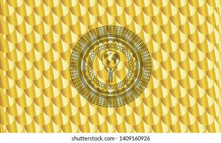 man lifting world icon inside gold shiny badge. Scales pattern. Vector Illustration. Detailed.