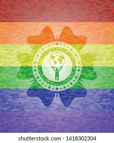 man lifting world icon inside lgbt colors emblem 