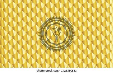 man lifting world icon inside golden badge or emblem. Scales pattern. Vector Illustration. Detailed.