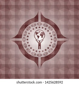 man lifting world icon inside red seamless emblem with geometric pattern background.