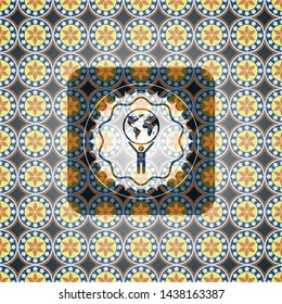man lifting world icon inside arabesque emblem background. arabic decoration.