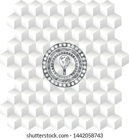 man lifting world icon inside grey emblem. Vintage with geometric cube white background