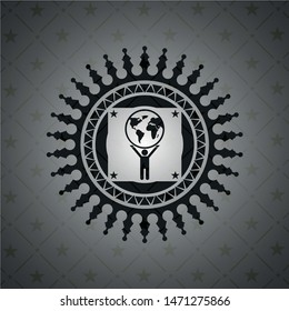 man lifting world icon inside retro style black emblem