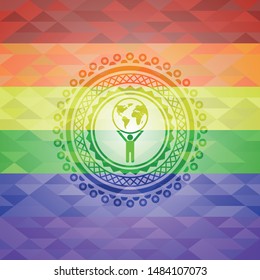 man lifting world icon inside lgbt colors emblem 