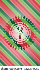 man lifting world icon inside christmas badge background.