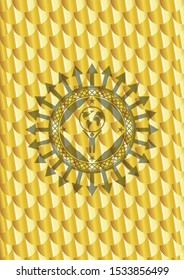 man lifting world icon inside shiny golden emblem. Scales pattern. Vector Illustration. Detailed.