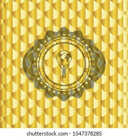 man lifting world icon inside gold shiny emblem. Scales pattern. Vector Illustration. Detailed.