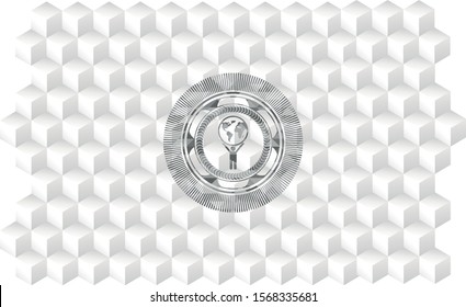 man lifting world icon inside grey emblem. Retro with geometric cube white background