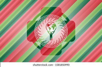 man lifting world icon inside christmas style emblem.