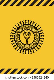 man lifting world icon inside warning sign, black grunge emblem. Vector Illustration. Detailed.