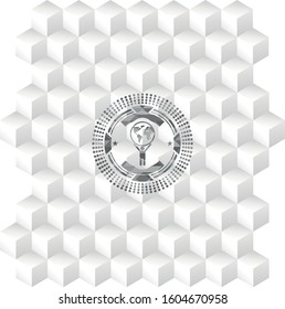 man lifting world icon inside realistic grey emblem with geometric cube white background