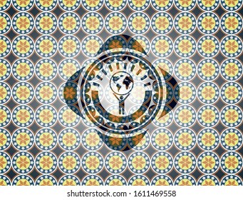 man lifting world icon inside arabic style badge. Arabesque decoration.
