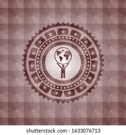 man lifting world icon inside red geometric pattern emblem. Seamless.