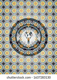 man lifting world icon inside arabesque emblem background. arabic decoration.