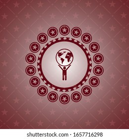 man lifting world icon inside realistic red emblem
