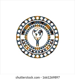 man lifting world icon inside arabesque badge background. arabic decoration.