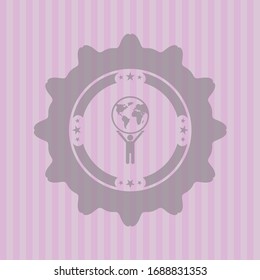 man lifting world icon inside pink emblem