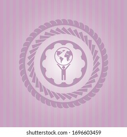 man lifting world icon inside retro style pink emblem