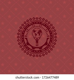 man lifting world icon inside red emblem. Vintage.. 