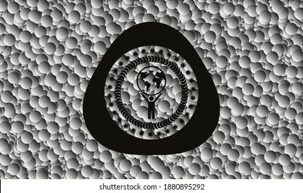 hombre levantando icono mundial dentro de emblema oscuro realista con fondo de burbujas grises. Ilustración vectorial. Detallado. 