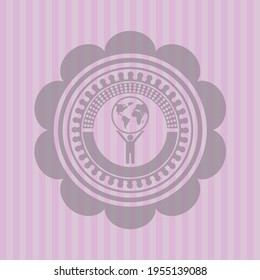 man lifting world icon inside pink icon or emblem. Concept design. 
