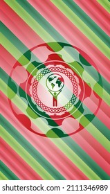 man lifting world icon inside christmas colors emblem. 