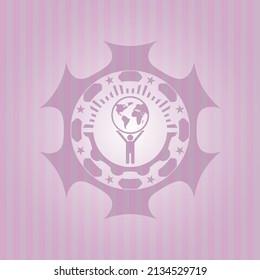 man lifting world icon inside badge with pink background. Elegant design. 