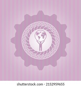 man lifting world icon inside vintage pink emblem. Conceptual design.
