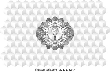 man lifting world icon inside grey badge with geometric cube white background. 