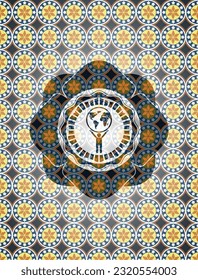 man lifting world icon inside arabic emblem background. Arabesque decoration. 